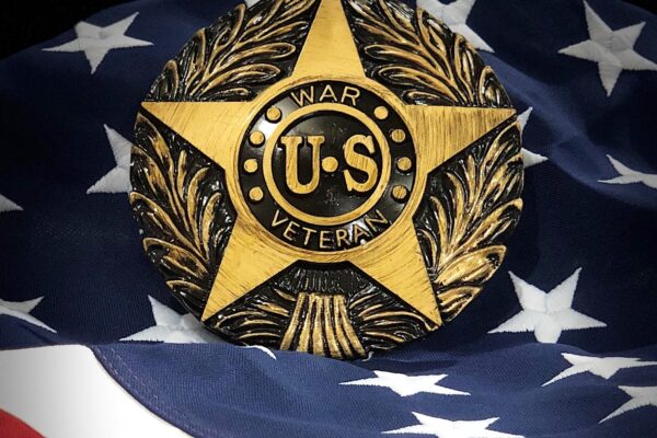 US War Veteran brass marker displayed on an American flag background