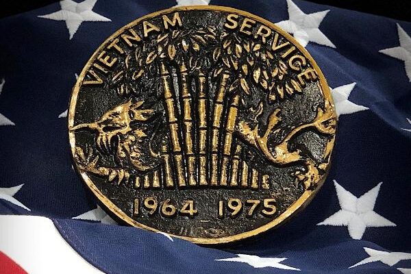 Vietnam Service marker with bamboo design and 1964-1975 dates displayed on an American flag background