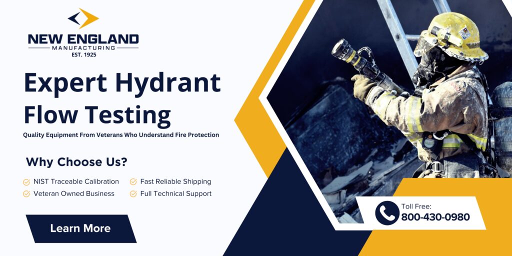 Advertisement for expert hydrant flow testing. A firefighter in gear is pictured, and the ad highlights quality equipment and veteran ownership.