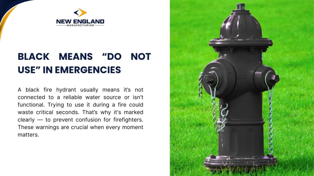 Educational infographic explaining that black fire hydrant means do not use in emergencies due to unreliable water source