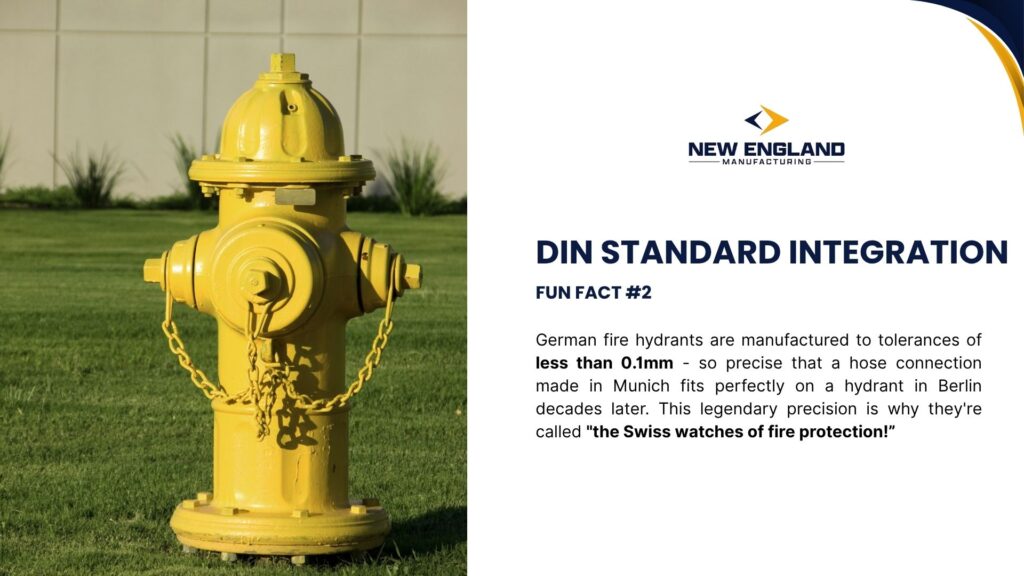 Yellow European fire hydrant meeting DIN standards with precision manufacturing tolerances