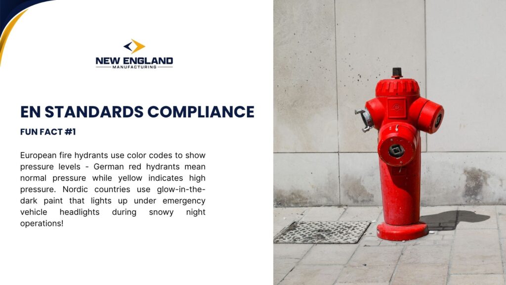 European fire hydrant EN standards compliance showing red hydrant with pressure level color coding
