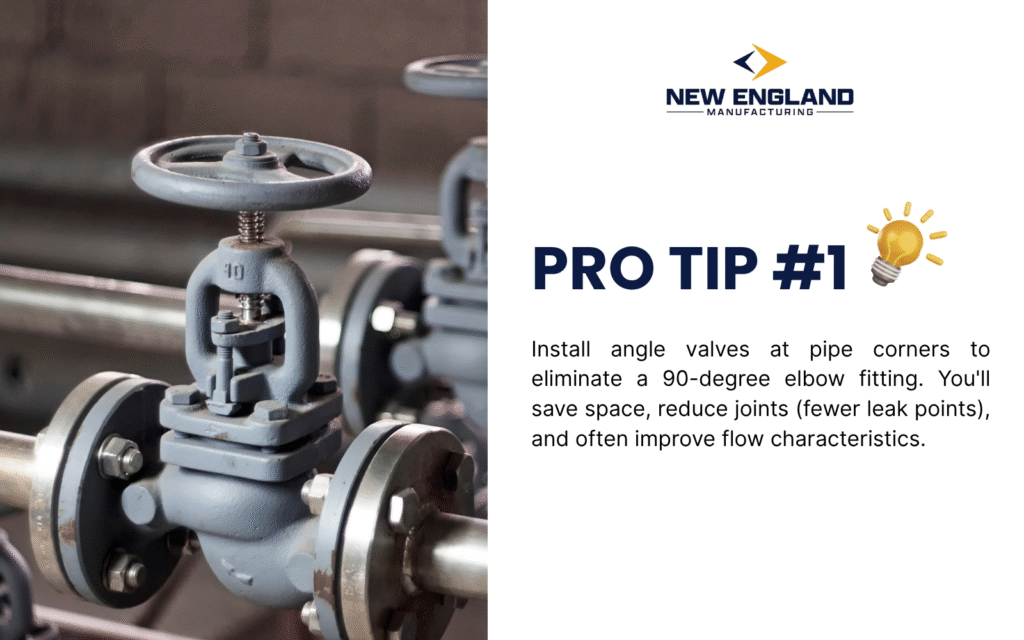 Globe valve pro tip showing angle valve installation at pipe corners to eliminate fittings