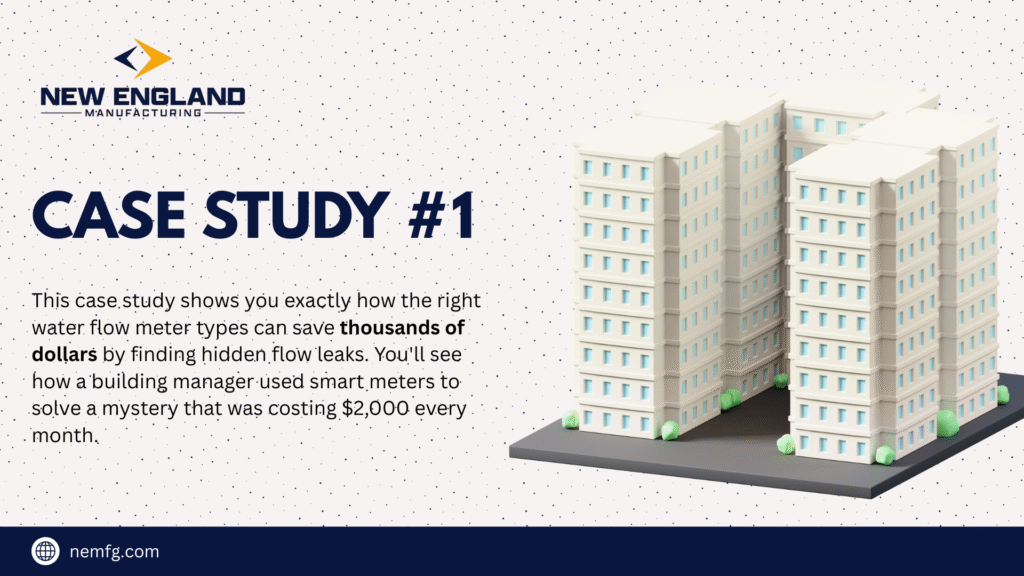 Water flow meter types case study showing office building leak detection and cost savings