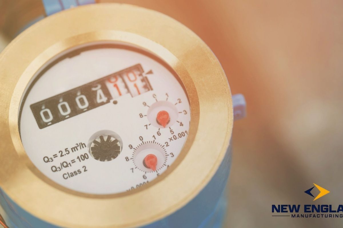 Close-up of residential water flow meter digital display showing gallons per minute measurement